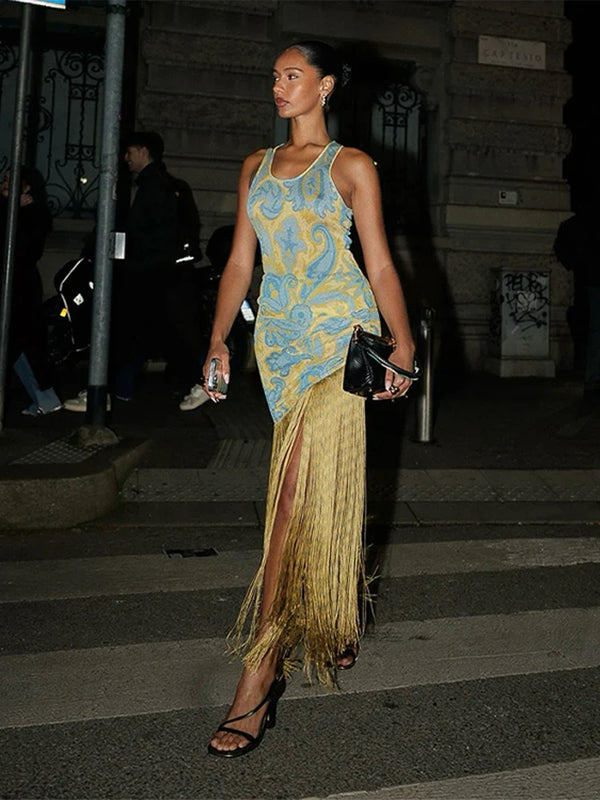 Entro LONG DRESS WITH DRAPE AND FRINGE