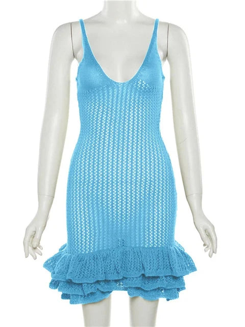 Knitted Solid Stacked Mini Dress Women Hipster Sexy Spaghetti Strap Deep V-Neck Body-Shaping Robe 2023 Party Clubwear