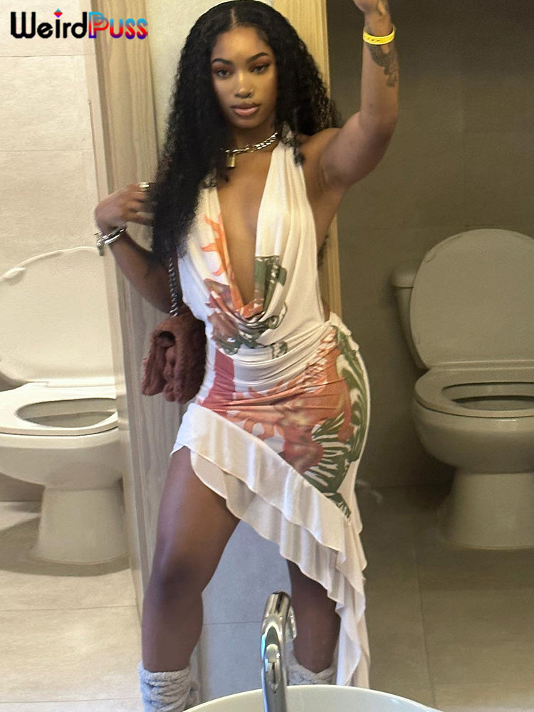 Halter Sexy Dress Women Backless Sleeveless Elegant Deep V-Neck Y2K Bodycon Chic Ruffles Summer Clubwear