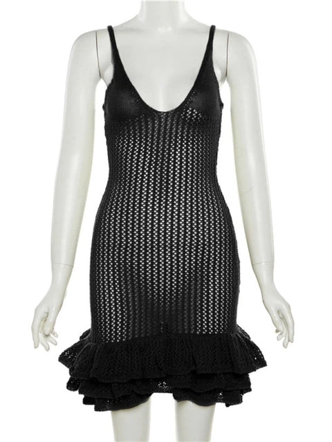 Knitted Solid Stacked Mini Dress Women Hipster Sexy Spaghetti Strap Deep V-Neck Body-Shaping Robe 2023 Party Clubwear